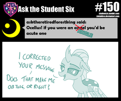 Size: 800x667 | Tagged: safe, artist:sintakhra, ocellus, changedling, changeling, tumblr:studentsix, g4, angle, ask, correction, dialogue, fake cutie mark, female, lidded eyes, looking at you, post-it, pun, simple background, smartass, smiling, smirk, smug, smug bug, solo, talking to viewer, text, tumblr, white background