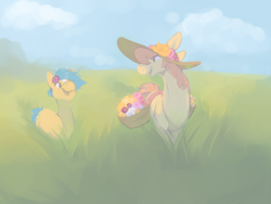 Size: 1040x780 | Tagged: safe, artist:bananasmores, bubbles (g1), posey, g1, basket, cottagecore, duo, flower, flower in hair, hat, outdoors, saddle bag