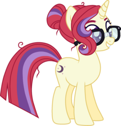 Size: 1360x1415 | Tagged: safe, artist:otakuchicky1, moondancer, pony, unicorn, g4, alternate hairstyle, female, glasses, hair bun, mare, missing accessory, older, simple background, smiling, solo, transparent background