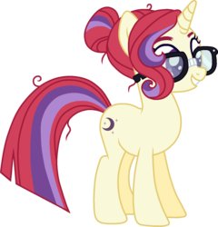 Size: 1360x1415 | Tagged: safe, artist:otakuchicky1, moondancer, pony, unicorn, g4, alternate hairstyle, female, glasses, hair bun, mare, missing accessory, older, older moondancer, simple background, smiling, solo, transparent background