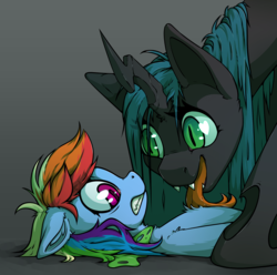 Size: 1925x1911 | Tagged: safe, artist:senaelik, queen chrysalis, rainbow dash, changeling, changeling queen, pegasus, pony, g4, chest fluff, creepy, ear fluff, eye contact, fangs, female, floppy ears, forked tongue, frown, gray background, gritted teeth, heart eyes, licking, looking at each other, looking at someone, lying down, mare, non-consensual licking, on back, on top, open mouth, pinned down, request, restrained, scared, shoulder fluff, simple background, slit pupils, smiling, squick, taste the rainbow, tongue out, wide eyes, wingding eyes