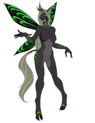 Size: 2550x3300 | Tagged: safe, artist:blackblood-queen, oc, oc only, oc:queen eris, changeling, changeling queen, anthro, unguligrade anthro, abs, anthro oc, background removed, breasts, changeling oc, changeling queen oc, claws, cloven hooves, curved horn, fangs, featureless breasts, featureless crotch, female, green changeling, high res, horn, open mouth, simple background, solo, spread wings, transparent background, wings