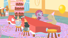 Size: 235x131 | Tagged: safe, screencap, madame leflour, pinkie pie, rocky, sir lintsalot, g4, party of one, animated, cake, female, food, gif, gif for breezies, picture for breezies, pinkamena diane pie