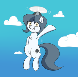 Size: 1857x1837 | Tagged: safe, artist:feralroku, oc, oc only, oc:hattsy, pony, armpits, chest fluff, cloud, flying, hat, national hat day, propeller hat, smiling, solo, waving