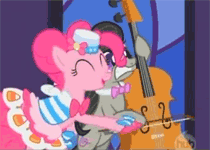 Size: 210x150 | Tagged: safe, screencap, octavia melody, pinkie pie, pony, g4, the best night ever, animated, bow (instrument), cello, cropped, female, gif, gif for breezies, musical instrument, octavia is not amused, picture for breezies, unamused