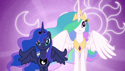 Size: 1280x720 | Tagged: safe, screencap, princess celestia, princess luna, alicorn, pony, g4, season 3, the crystal empire, cutie mark, cutie mark background, duo, duo female, female, royal sisters, sisters