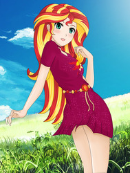 Size: 1134x1500 | Tagged: safe, artist:anonix123, sunset shimmer, human, equestria girls, equestria girls series, g4, spring breakdown, spoiler:eqg series (season 2), clothes, dress, female, geode of empathy, grass, humanized, magical geodes, open mouth, purple dress, solo