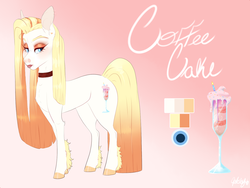 Size: 1400x1050 | Tagged: safe, artist:qatsby, oc, oc only, oc:coffee cake, earth pony, pony, choker, colored hooves, eyeshadow, female, gradient background, lipstick, makeup, mare, offspring, parent:donut joe, parent:pinkie pie, parents:pinkiejoe, reference sheet, signature, solo