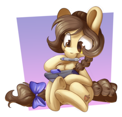 Size: 5423x5209 | Tagged: safe, artist:cutepencilcase, oc, pony, absurd resolution, bow, braid, chest fluff, commission, drawing, drawing tablet, simple background, stylus, tail bow, transparent background, underhoof