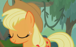 Size: 882x542 | Tagged: safe, screencap, applejack, earth pony, pony, g4, season 8, sounds of silence, eyes closed, female, mare, smiling, solo