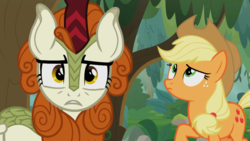 Size: 1022x576 | Tagged: safe, screencap, applejack, autumn blaze, kirin, g4, sounds of silence, female, forest, looking at you, mare