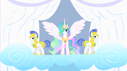 Size: 1280x720 | Tagged: safe, screencap, princess celestia, alicorn, pegasus, pony, g4, sonic rainboom (episode), female, male, mare, pegasus royal guard, royal guard, stallion, trio