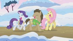Size: 1280x720 | Tagged: safe, screencap, doctor whooves, fluttershy, rarity, time turner, earth pony, pegasus, pony, unicorn, g4, winter wrap up, clothes, eyes closed, female, male, mare, singing, snow, stallion, trio, vest, winter, winter wrap up song