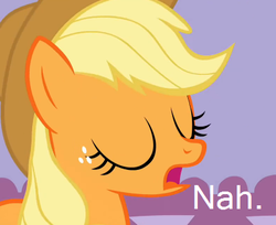 Size: 394x322 | Tagged: safe, edit, edited screencap, screencap, applejack, earth pony, pony, g4, suited for success, caption, female, image macro, nah, reaction image, solo, text