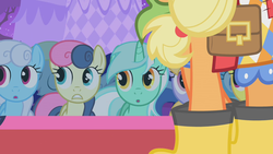 Size: 1280x720 | Tagged: safe, screencap, applejack, bon bon, cloud kicker, derpy hooves, lemon hearts, linky, lyra heartstrings, shoeshine, sweetie drops, earth pony, pony, g4, suited for success, boots, clothes, dress, eyes closed, rain boots, shoes