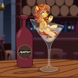 Size: 2200x2200 | Tagged: safe, artist:shore2020, oc, oc only, oc:cinderheart, pony, unicorn, alcohol, bar, chair, commission, cup, cup of pony, drink, female, food, golden eyes, high res, licking, licking lips, mare, martini, martini glass, micro, olive, solo, stool, table, tongue out, ych result