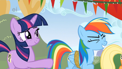 Size: 2560x1440 | Tagged: safe, screencap, applejack, rainbow dash, twilight sparkle, pony, fall weather friends, g4, eyes closed, rainbow douche