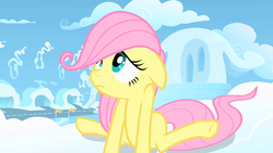 Size: 1280x720 | Tagged: safe, screencap, fluttershy, pony, g4, the cutie mark chronicles, cloudsdale, female, filly, filly fluttershy, solo, younger