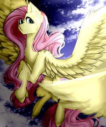 Size: 1392x1660 | Tagged: safe, artist:tongza322srms, fluttershy, pony, g4, female, flying, night, sky, solo