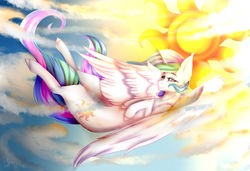 Size: 1280x877 | Tagged: safe, artist:tongza322srms, princess celestia, alicorn, pony, g4, cloud, female, looking at you, mare, on back, sky, smiling, solo, sun