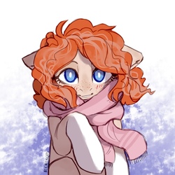 Size: 604x604 | Tagged: safe, artist:cherry_kotya, oc, oc only, pony, blushing, clothes, freckles, looking at you, scarf, solo