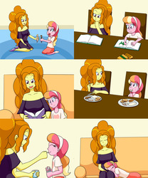 Size: 2000x2400 | Tagged: safe, artist:jake heritagu, adagio dazzle, oc, oc:honeycrisp blossom, comic:aria's archives, equestria girls, g4, apple slice, book, bread, chair, clothes, coloring book, comic, couch, crayon, cute, dialogue, doll, dress, eating, female, food, fork, freckles, hairband, high res, knife, mashed potatoes, meat, offspring, parent:big macintosh, parent:princess cadance, parents:cadmac, plate, potato, skirt, sleeping, speech bubble, steak, table, toy