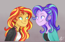 Size: 1580x1028 | Tagged: safe, artist:mn27, starlight glimmer, sunset shimmer, equestria girls, g4, clothes, cute, duo, female, glimmerbetes, gradient background, shimmerbetes, simple background, smiling