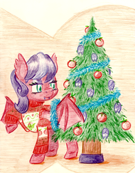 Size: 958x1219 | Tagged: safe, artist:shoeunit, oc, oc only, oc:midnight snack, bat pony, pony, bat pony oc, christmas, christmas tree, clothes, colored pencil drawing, female, holiday, mare, solo, sweater, traditional art, tree