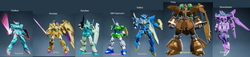 Size: 1803x414 | Tagged: safe, artist:derek the metagamer, screencap, gallus, ocellus, sandbar, silverstream, smolder, yona, g4, epyon, gm, gp01, gun, gundam, new gundam breaker, student six, sword, video game, weapon, wings