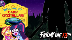 Size: 1280x720 | Tagged: safe, artist:balabinobim, sci-twi, sunset shimmer, twilight sparkle, equestria girls, g4, camp crystal lake, camp everfree outfits, friday the 13th, horror, jason voorhees, movie reference, reference