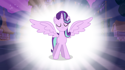 Size: 1440x810 | Tagged: safe, edit, edited screencap, screencap, starlight glimmer, alicorn, pony, g4, magical mystery cure, alicornified, alternate universe, behold, female, majestic, mare, race swap, spread wings, starlicorn, wings
