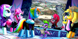Size: 1024x520 | Tagged: safe, artist:amestao3o, applejack, fluttershy, pinkie pie, rainbow dash, rarity, spike, tempest shadow, pony, comic:the storm kingdom, g4, my little pony: the movie, alternate timeline, applejack's hat, bad end, bodyguard spike, command 6, commander applejack, commander fluttershy, commander pinkie diana pie, commander rainbow dash, commander rarity, commission, cowboy hat, crystal of light, general tempest shadow, hat, invasion, lieutenant spike, map, the bad guy wins, war room
