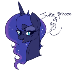 Size: 599x596 | Tagged: safe, artist:lulubell, princess luna, alicorn, pony, g4, bust, ethereal mane, female, freckles, lesbian, lidded eyes, mare, princess of gay, shitposting, simple background, solo, speech, starry mane, transparent background