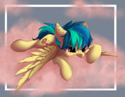 Size: 1763x1378 | Tagged: safe, artist:rokufuro, oc, oc only, oc:apogee, pegasus, pony, cloud, ear freckles, female, filly, freckles, lying down, lying on a cloud, on a cloud, pink cloud, prone, smiling, solo, spread wings, wings