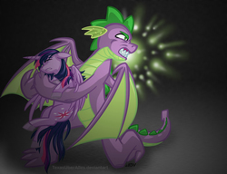 Size: 937x720 | Tagged: safe, artist:texasuberalles, spike, twilight sparkle, alicorn, dragon, pony, g4, angry, duo, eyes closed, fangs, female, gradient background, male, mare, older, older spike, protecting, simple background, twilight sparkle (alicorn), winged spike, wings