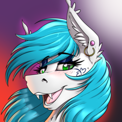 Size: 2000x2000 | Tagged: safe, artist:twotail813, oc, oc only, oc:sister note, bat pony, pony, rcf community, bat pony oc, bedroom eyes, bust, ear piercing, earring, eyelashes, eyeshadow, fangs, heart, heart eyes, high res, jewelry, makeup, open mouth, piercing, portrait, tattoo, wingding eyes