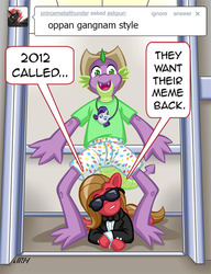 Size: 615x800 | Tagged: safe, artist:texasuberalles, spike, oc, oc:pun, dragon, earth pony, pony, ask pun, g4, 2012, 2013, ask, boxers, clothes, comic, cowboy hat, duo, elevator, female, gangnam style, hat, jeojil dance, jewelry, looking at you, mare, meme, older, older spike, pendant, psy, shirt, sunglasses, t-shirt, teenage spike, teenaged dragon, teenager, tumblr, tuxedo, underwear