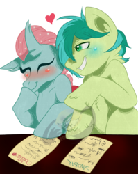Size: 2190x2745 | Tagged: safe, artist:lemonkaiju, ocellus, sandbar, changedling, changeling, earth pony, pony, g4, blushing, cute, diaocelles, female, high res, interspecies, male, paper, sandabetes, ship:ocelbar, shipping, smiling, straight