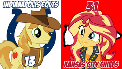 Size: 1920x1080 | Tagged: safe, artist:keronianniroro, artist:lightningbolt, braeburn, sunset shimmer, equestria girls, equestria girls series, g4, afc divisional round, american football, indianapolis colts, kansas city chiefs, nfl divisional round, nfl playoffs, show accurate, sports, vector
