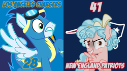 Size: 1920x1080 | Tagged: safe, artist:chainchomp2 edits, artist:jhayarr23, cozy glow, soarin', pony, g4, afc divisional round, american football, clothes, los angeles chargers, new england patriots, nfl, nfl divisional round, nfl playoffs, sports, uniform, vector, wonderbolts uniform