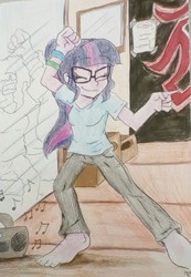 Size: 823x1190 | Tagged: safe, artist:shonatabeata, sci-twi, twilight sparkle, human, equestria girls, g4, barefoot, bracelet, clean bandit, clothes, dancing, feet, female, glasses, jewelry, mirror, music, music notes, pants, ponytail, shirt, solo, song reference, symphony (song), traditional art
