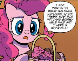 Size: 358x284 | Tagged: safe, artist:pencils, idw, pinkie pie, g4, spoiler:comic, spoiler:comic73, concerned, cupcake, food