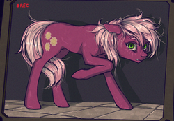 Size: 1000x698 | Tagged: safe, artist:madhotaru, cheerilee, earth pony, pony, g4, dishevelled, female, floppy ears, indoors, mare, messy mane, monitor, raised hoof, simple background, solo, standing, tail between legs