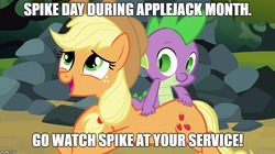 Size: 888x499 | Tagged: safe, edit, edited screencap, screencap, applejack, spike, dragon, earth pony, pony, g4, spike at your service, applejack month, butt touch, caption, duo, female, hand on butt, image macro, male, mare, spike day, text