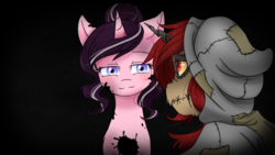 Size: 1920x1080 | Tagged: safe, artist:angelscribs, oc, oc only, oc:curse word, oc:magpie, pony, unicorn, black background, clothes, implied ink dye, ink, looking at each other, simple background, smiling