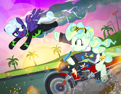Size: 900x695 | Tagged: safe, artist:pixelkitties, rolling thunder, vapor trail, pegasus, pony, g4, bomber jacket, clothes, duo, female, flag, goggles, jacket, mare, motorcycle, open mouth, pixelkitties' brilliant autograph media artwork, rhona rees, smiling, sun, top gun, tree, uniform, washouts uniform