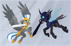 Size: 3733x2409 | Tagged: safe, artist:koviry, oc, oc:cloud zapper, changeling, pegasus, pony, armor, changeling officer, duo, helmet, high res, male, military, mouth hold, royal guard, stallion, sword, weapon