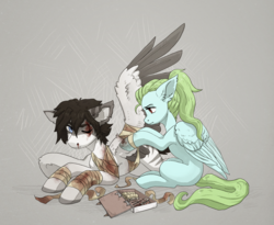 Size: 2045x1674 | Tagged: safe, artist:koviry, oc, oc only, pegasus, pony, bandage, blood, duo, female, male, mare, stallion