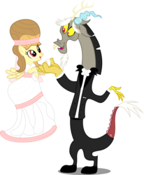 Size: 5246x6379 | Tagged: safe, artist:atomicmillennial, discord, oc, oc:alice goldenfeather, draconequus, pegasus, pony, comic:find yourself, g4, absurd resolution, canon x oc, clothes, dress, female, mare, simple background, suit, transparent background, vector, wedding dress