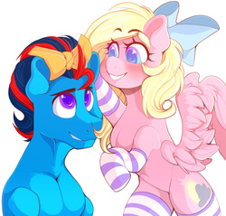 Size: 1280x1223 | Tagged: safe, artist:kribbles, oc, oc only, oc:andrew swiftwing, oc:bay breeze, pegasus, pony, blushing, bow, clothes, couple, cute, cutie mark, duo, duo male and female, female, hair bow, male, mare, oc x oc, shipping, smiling, socks, stallion, straight, striped socks, swiftbreeze, wings